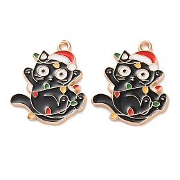 Christmas Theme Alloy Enamel Pendants, Light Gold, Cat Charm, Hat, 25x20.5x1.5mm, Hole: 1.5mm