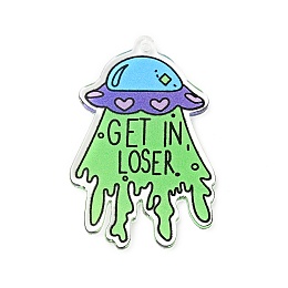 Honeyhandy Alien Theme Colorful Acrylic Pendants, UFO with Word Get in Loser, Word, 44.5x29.5x2.5mm, Hole: 2mm