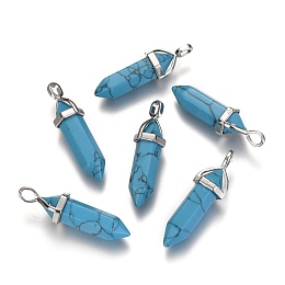 Honeyhandy Dyed Synthetic Turquoise Pointed Pendants, with Platinum Tone Random Alloy Pendant Hexagon Bead Cap Bails, Bullet, 36~40x12mm, Hole: 3x4mm, Gemstone: 8mm in diameter