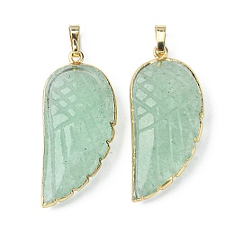 Honeyhandy Natural Green Strawberry Quartz Pendants, Wing Charms, with Rack Plating Golden Plated Brass Edge, 39x18x7mm, Hole: 6x4mm