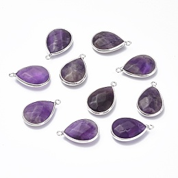 Honeyhandy Natural Amethyst Pendants, with Platinum Plated Brass Edge & Loops, Teardrop, Faceted, 21x13.5x6mm, Hole: 2mm