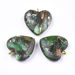 Honeyhandy Synthetic Gold Line Regalite/Imperial Jasper/Sea Sediment Jasper Pendants, with Iron Findings, Heart, Golden, Green, 22x20.5x7mm, Hole: 2mm