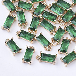 Honeyhandy Transparent Glass Charms, with Brass Findings, Faceted, Rectangle, Light Gold, Sea Green, 8.5x4x3mm, Hole: 1mm