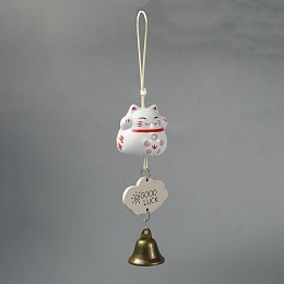 OLYCRAFT Porcelain Maneki Neko Wind Chimes, Alloy Bell Hanging Ornament for Landscape Outdoor Balcony Decoration, with Wood Lucky Card, White, 255mm, Cat: 50x51mm