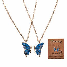 Honeyhandy 2Pcs Matching Butterfly Pendant Necklaces Set, 316 Surgical Stainless Steel Couple Necklace for Mother Daughter Friends, Light Gold, Blue, 17.72 inch(45cm)
