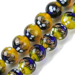 Handmade Gold Sand Lampwork Beads Strands, Round, Gold, 12mm, Hole: 1.4mm, about 33pcs/strand, 14.76''(37.5cm)