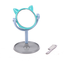 Honeyhandy Miniature Cute Cat's Head Alloy Makeup Mirrors, with Comb, for Dollhouse Tabletop Decoration, Medium Turquoise, 43mm