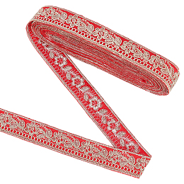 FINGERINSPIRE Ethnic Style Embroidery Polyester Ribbons, Jacquard Ribbon, Garment Accessories, Flat with Floral Pattern, FireBrick, 1-1/8 inch(30mm)