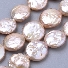 Honeyhandy Natural Baroque Pearl Keshi Pearl Beads Strands, Cultured Freshwater Pearl, Flat Round, PeachPuff, 15~18x13~14x4~5mm, Hole: 0.5mm, about 28~30pcs/strand, 15.5 inch