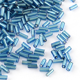 Honeyhandy Glass Bugle Beads, Silver Lined, Dodger Blue, 4~4.5x2mm, Hole: 1mm, about 450g/bag, 14000pcs/bag