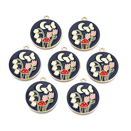 Honeyhandy Alloy Enamel Pendants, Cadmium Free & Nickel Free & Lead Free, Light Gold, Flat Round with Tulip, Prussian Blue, 28x25x3mm, Hole: 1.8mm