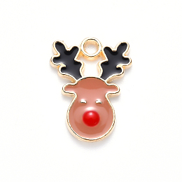 Honeyhandy Alloy Enamel Pendants, for Christmas, Christmas Reindeer/Stag, Light Gold, Dark Salmon, 17x13x2mm, Hole: 1.6mm