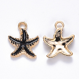 Honeyhandy Alloy Enamel Pendants, Starfish, Light Gold, Black, 18x15x3mm, Hole: 2.5mm