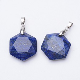 Honeyhandy Faceted Natural Lapis Lazuli Pendants, with Platinum Tone Brass Findings, Hexagon, 28x25x9mm, Hole: 4x5mm