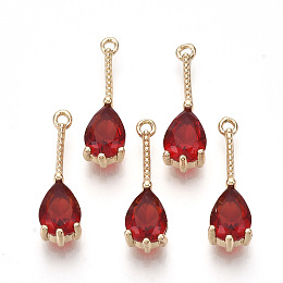 Honeyhandy Transparent Glass Pendants, with Golden Tone Brass Findings, Faceted, Teardrop, Red, 18x5x4mm, Hole: 1mm