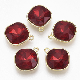 Golden Plated Alloy Pendants, with Glass Rhinestone, Rhombus, FireBrick, 18x15x5mm, Hole: 1.4mm