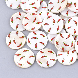 Nbeads Printed Freshwater Shell Beads, Flat Round with Chillies Pattern, Red, 23.5~24.5x2.5~4.5mm, Hole: 0.6~1mm
