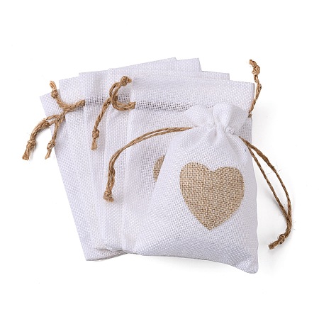 Honeyhandy Burlap Packing Pouches, Drawstring Bags, Rectangle with Heart, White, 14.2~14.5x10cm