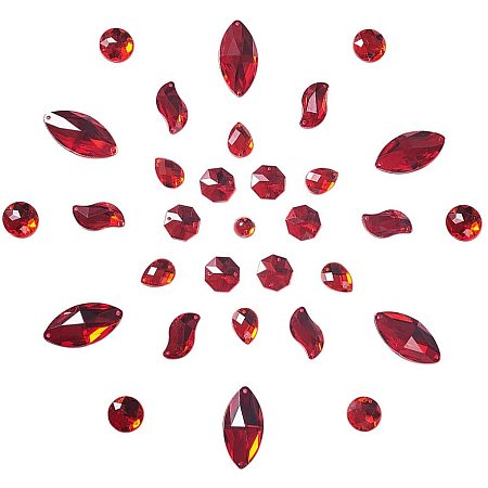 PandaHall Elite 120 pcs 6 Shapes Acrylic Sew on Rhinestones, Red Half Round/Drop/Wave Faceted Flatback Crystal Buttons Gems for Clothing Wedding Dress Decoration