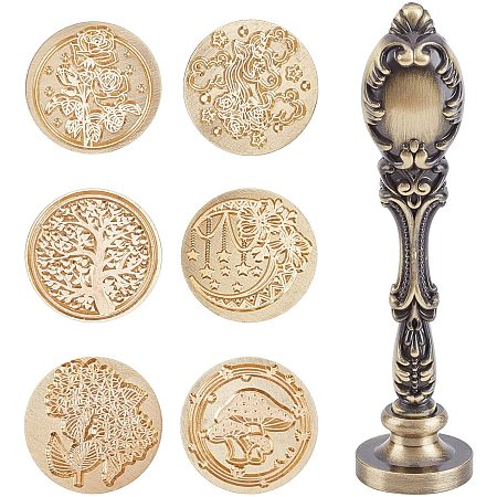 CRASPIRE Wax Seal Stamp Heads Set 6pcs Vintage Sealing Wax Stamps with 1pc Alloy Handle 25mm Round Removable Brass Head Sealing Stamp for Wedding Invitation Christmas(Rose Moon Tree of Life Mushroom)