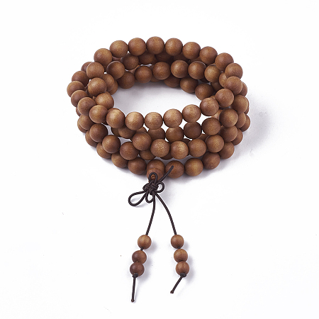 Honeyhandy 4-Loop Wrap Style Buddhist Jewelry, Sandalwood Mala Bead Bracelets, Stretch Bracelets, Round, Sandy Brown, 3-1/2 inch(9cm)