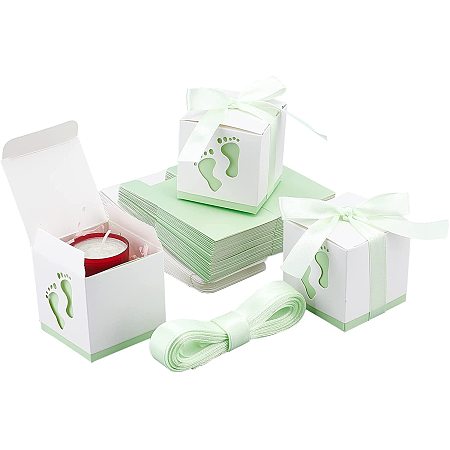 Pandahall Elite Newborn Baby Shower Candy Box, Footprints Folding Boxes Paper Gift Box Baptism Candy Container with Ribbon Party Table Decor Birthday Party Wedding Gift Favor, Green 2.4 x 2.4 x 2.4 Inch