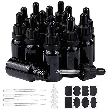 BENECREAT 15 Packs 15ml Black Glass Dropper Bottle Vials Glass Eye Dropper Bottle with Labels, Plastic Hoppers and Droppers for Essential Oil Aromatherapy Fragrance