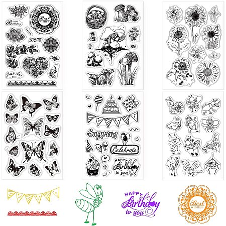 GLOBLELAND 6 Sheets Silicone Clear Stamps for Card Making Decoration and DIY Scrapbooking(Lace Flowers, Sunflowers, Birthdays, Insects, Mushrooms, Butterflies)