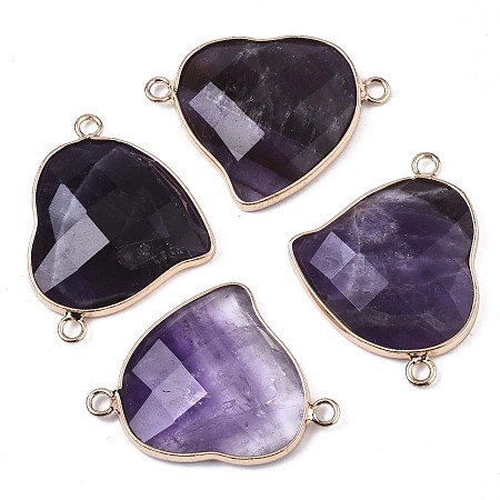 Honeyhandy Natural Amethyst Links Connectors, with Edge Light Gold Plated Brass Findings, Faceted, Heart, 26x34.5x6mm, Hole: 3mm