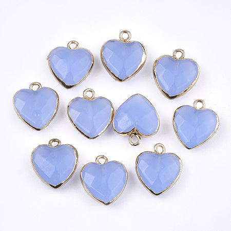 Electroplate Natural White Jade Pendants, with Iron Findings, Faceted, Heart, Dyed, Cornflower Blue, Golden, 16~17x14~15x6~7mm, Hole: 1.8mm