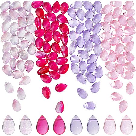 AHANDMAKER 120Pcs Teardrop Czech Glass Beads, 4 Colors Transparent Crystal Beads with Glitter Gold Powder Water Drop Loose Pendants Beads for Valentine's Day DIY Jewelry Making, Pink&Purple