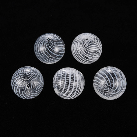 Honeyhandy Transparent Handmade Blown Glass Globe Beads, Stripe Pattern, Round, White, 12.5~13.5mm, Hole: 1.2~2mm