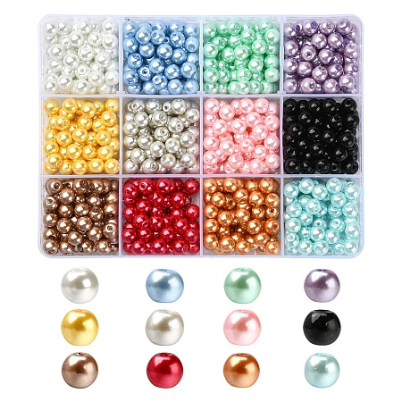 780Pcs 12 Colors Baking Painted Glass Pearl Beads, Pearlized, Round, Mixed Color, 6~7mm, Hole: 1mm, 65pcs/color