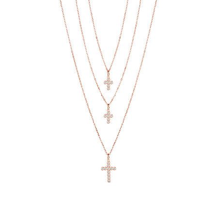 SHEGRACE 925 Sterling Silver Tri-Tiered Necklaces, with AAA Cubic Zirconia, Carved with S925, Cross, Rose Gold, 18.11 inch(46cm)