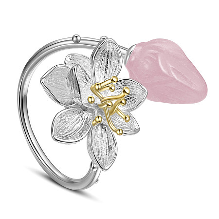 SHEGRACE 925 Sterling Silver Cuff Rings, Open Rings, with Natural Rose Quartz, Flower, Pink, US Size 8 1/2(18.5mm)
