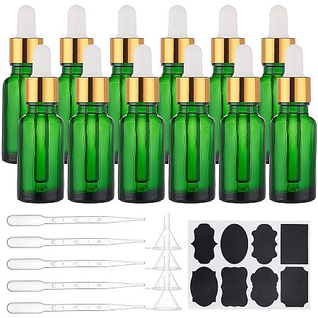 BENECREAT 15 Pack 20ml Refillable Green Glass Bottles Empty Eye Glass Dropper Bottles with 10Pcs droppers 4Pcs funnels 2Pcs Sheets for Traveling Essential Oils, Perfume Cosmetic Liquid