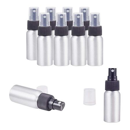 PandaHall Elite 10 Pack 1-Ounce (30ml) Black Aluminum Fine Mist Spray Bottles Platinum Metal Atomizer Bottles for Travel, Storage