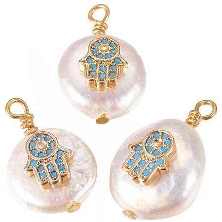 CHGCRAFT 10Pcs Natural Pearl Pendants Hamsa Hand Shape Charms with Cubic Zirconia and Golden Tone Brass Findings Flat Round DeepSkyBlue Color Pendant for DIY Jewelry Making