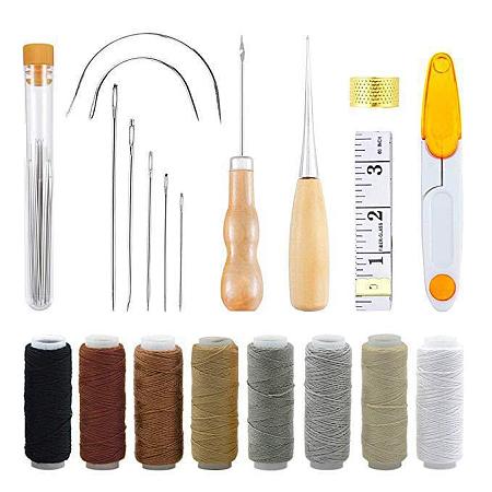 Honeyhandy Leather Working Tools Kit, Including Stitching Needles, Waxed Thread, Scissors, Awl, Tape Measure and Sewing Thimble, for DIY Leather Craft, Mixed Color, 29pcs/set
