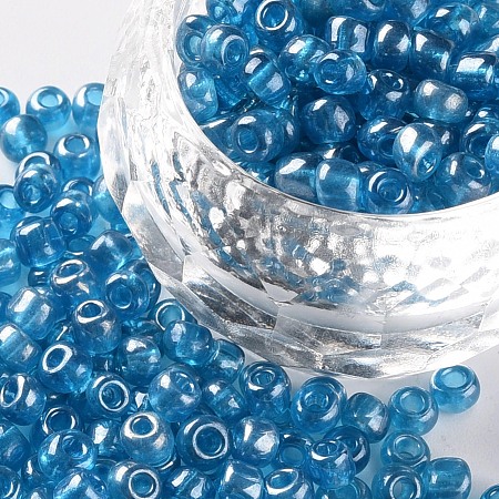 Honeyhandy Glass Seed Beads, Trans. Colours Lustered, Round, Light Blue, 4mm, Hole: 1.5mm, about 4500pcs/pound