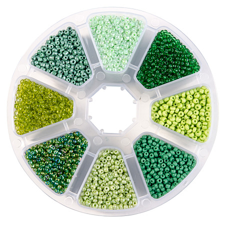 PandaHall Elite Mixed Green Style 12/0 Diameter 2mm Round Glass Seed Beads for Jewelry Making, about 8000pcs/box
