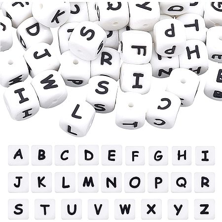 Arricraft 52 Pcs White Silicone Bead, 12mm Cube Beads with Letter, Alphabet Teething Beads for Nursing Necklace Accessories Jewelry Making