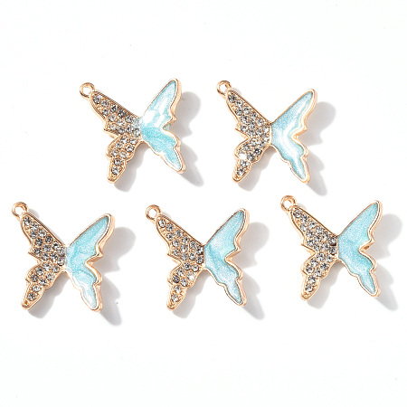 ARRICRAFT Alloy Enamel Pendants, with Rhinestone, Butterfly, Light Gold, Pale Turquoise, 19x19x3mm, Hole: 1.4mm
