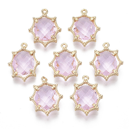 Glass Links connectors, with Brass Loops, Faceted, Oval, Light Gold, Pink, 20x15.5x4.5mm, Hole: 1.2mm