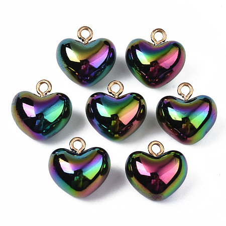 Electroplate Acrylic Pendants, Cadmium Free & Lead Free, with Brass Findings, Heart, Colorful, 18~19x18x13mm, Hole: 2.5mm