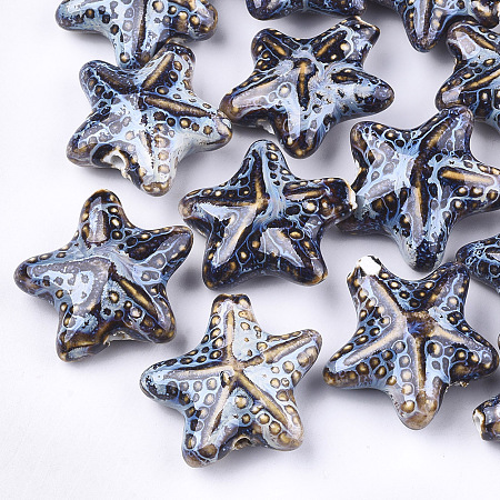 ARRICRAFT Handmade Porcelain Beads, Fancy Antique Glazed Porcelain, Starfish/Sea Stars, Colorful, 35~36x37~38x15~17mm, Hole: 2~3mm