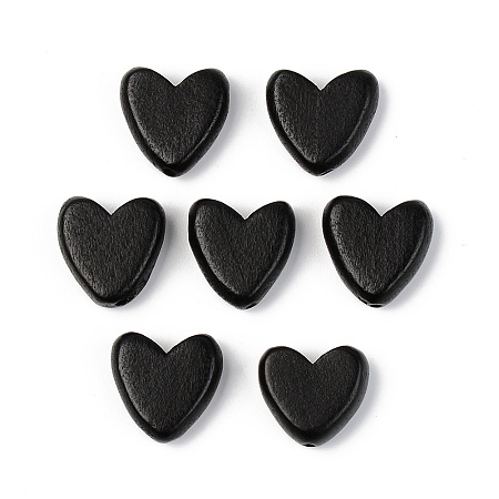 Honeyhandy Painted Natural Wood Beads, Lead Free, Heart, Black, 16x16x6mm, Hole: 1.2mm