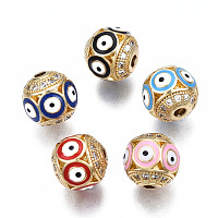 Brass Micro Pave Cubic Zirconia Beads, with Enamel, Real 18K Gold Plated, Round with Evil Eye, Nickel Free, Mixed Color, 10x10x9.5mm, Hole: 2mm