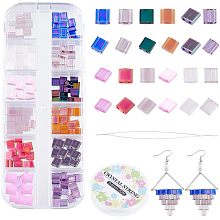 CREATCABIN 240Pcs 2 Hole Tila Beads Kit 12 Colors Mix Glass Japanese Seed Beads Bulk Rectangle Mini Square Beading Needles Elastic Thread for Craft Bracelet Necklace Earring Jewelry Making 5mm Purple