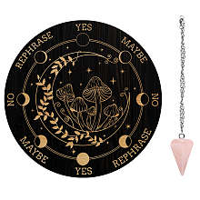 AHANDMAKER 7.8" Witch Pendulum Board, Wooden Dowsing Planchette with Rose Quartz Crystal Dowsing Pendulums Witchcraft Divination Tools for Spirit Altar Decoration - Moon Mushrooms